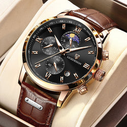 Luxury Men's Fashion Watch with Leather Strap and Waterproof Chronograph Features