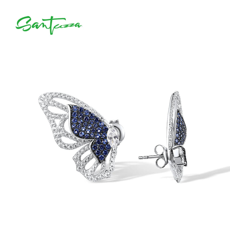 Sterling Silver Blue Nano/White CZ Butterfly Earrings and Ring Set for Women