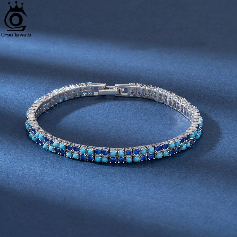 925 Sterling Silver Blue CZ & Turquoise Tennis Bracelet for Women