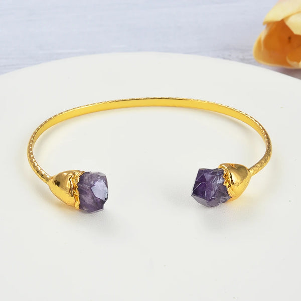 Gold Plated Natural Purple Amethyst Raw Bangle Bracelet for Lady