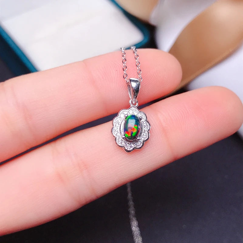 925 Silver Black Opal Necklace, Small with Beautiful Fire Colors