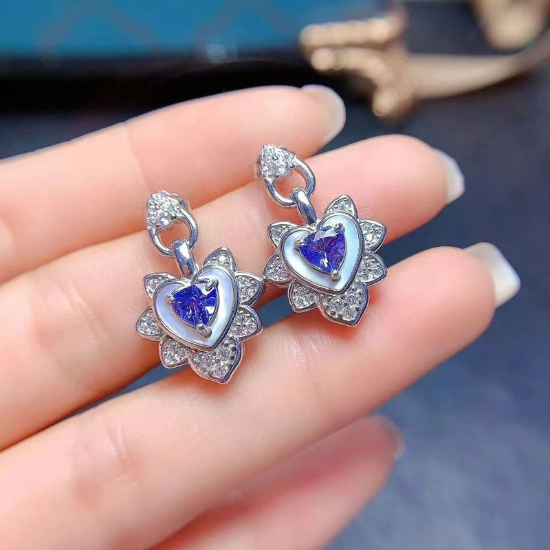 925 Silver Tanzanite/Diopside Heart Pendant Earrings Set for Women