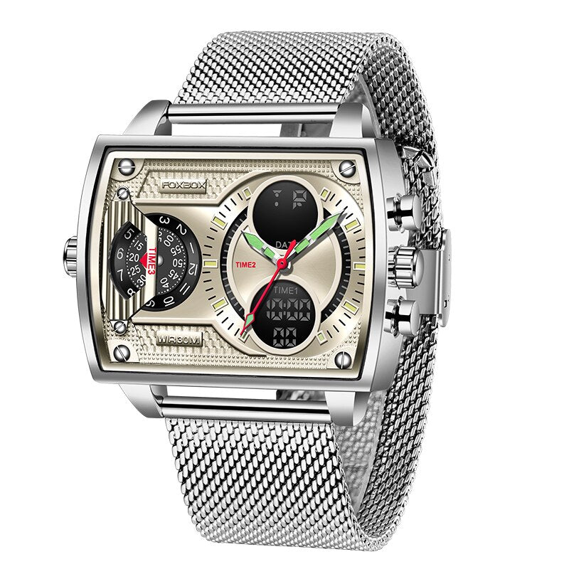 Stainless Steel Square Luxury Watch with Double Display for Men