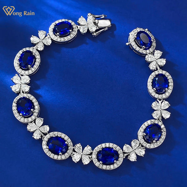 Wong Rain Luxury 925 Sterling Silver 6*8 MM Oval Sapphire High Carbon Diamond Gemstone Bracelets Bangle Fine Jewelry For Women
