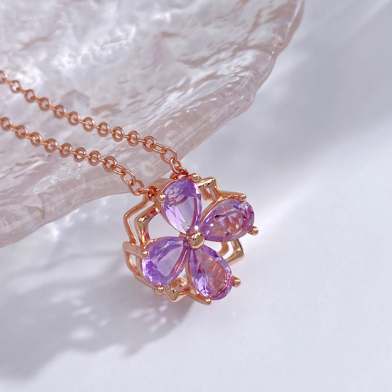 18k Rose Gold Plated Amethyst Geometric Flower Pendant Necklace for Women