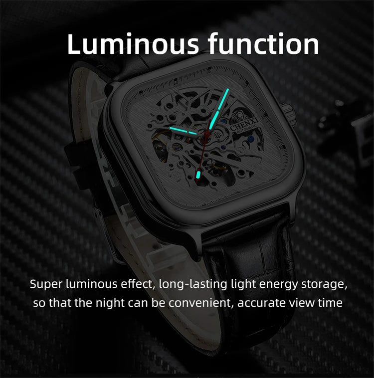 Square Automatic Mechanical Night Light Hollowing Watch for Men