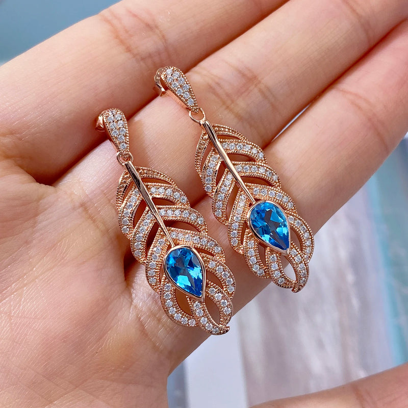 Rose Gold Plated Sterling Silver Feather Dangling Earrings with Blue Topaz for Women