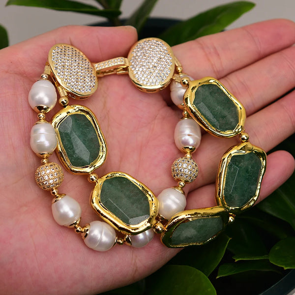 Sterling Silver Green Strawberry Quartz Bracelet 2 Rows with Gold Pear Edge Accents. for Women