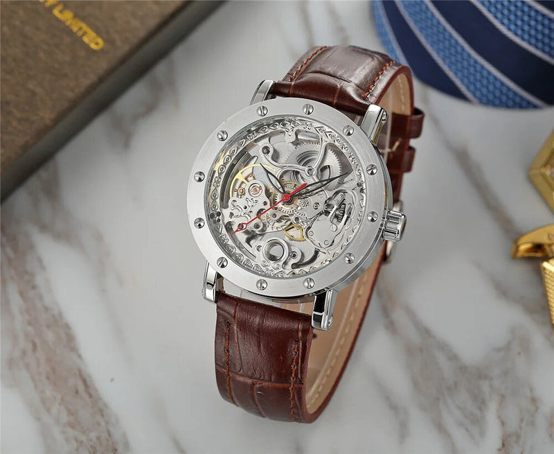 Stainless Steel Leather Skeleton Hollow Watch for Men