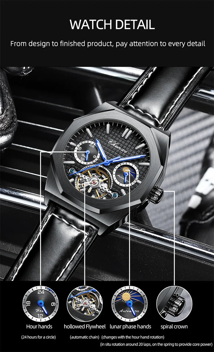 Stainless Steel Sun Moon and Stars Luminous Mechanical Watch for Men