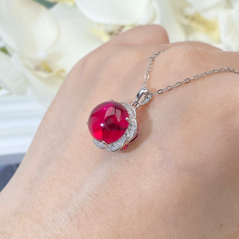 925 Sterling Silver Red Corundum Flower Pendant Necklace for Women