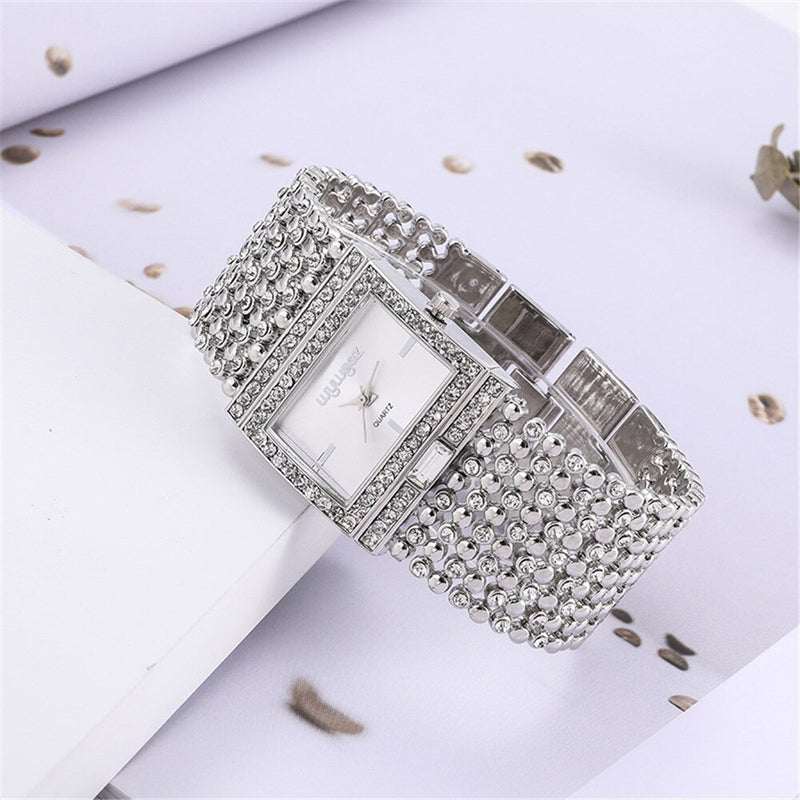 Stainless Steel Diamond Accented Quartz Square Watch for Women