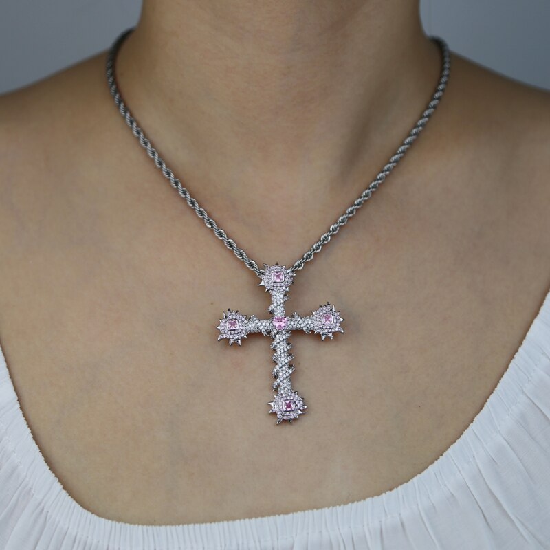 Stainless Steel Cubic Zirconia Paved Hip Hop Cross Pendant Necklace with Pink Heart CZ Stone for Unisex