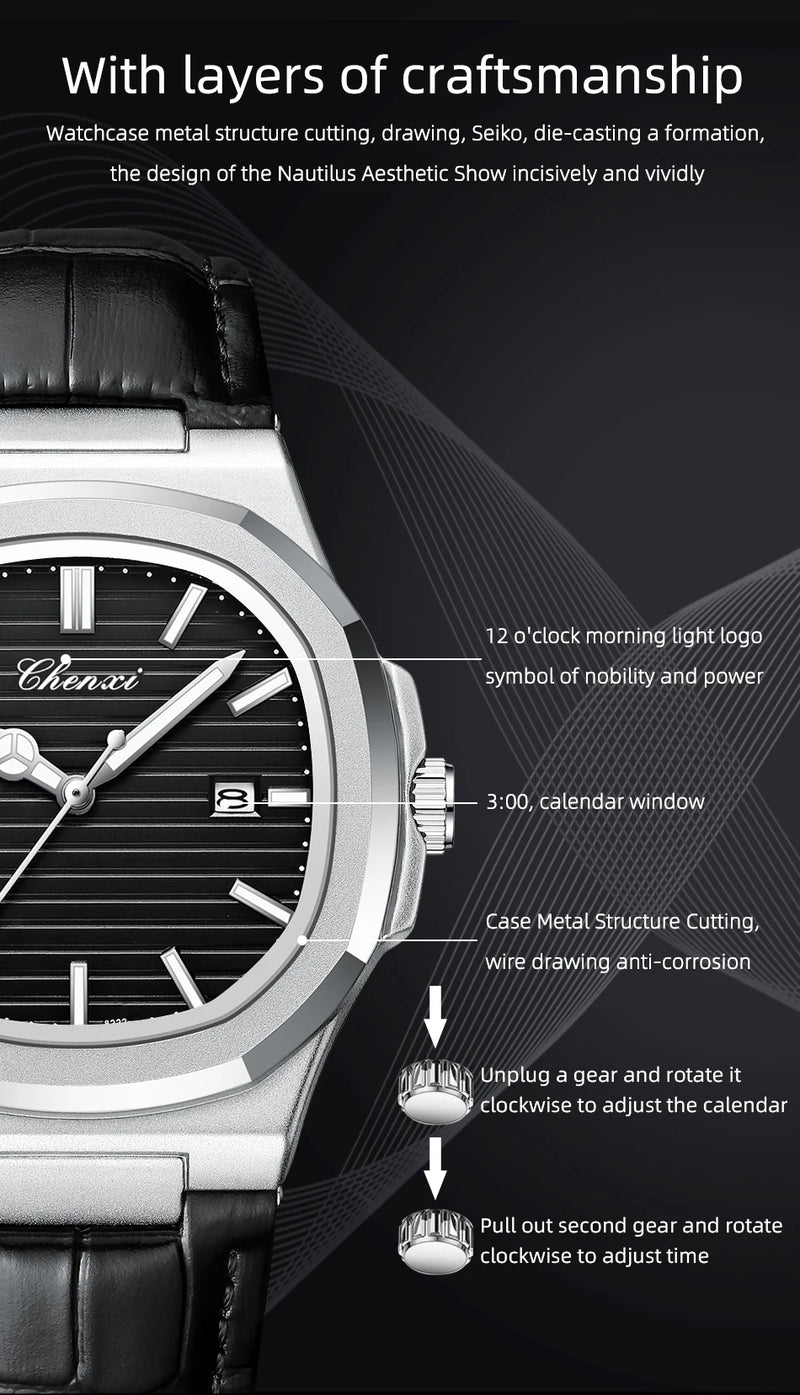 Stainless Steel Leather Luxury Transparent Quartz Watch with Date and Luminous Hands for Men