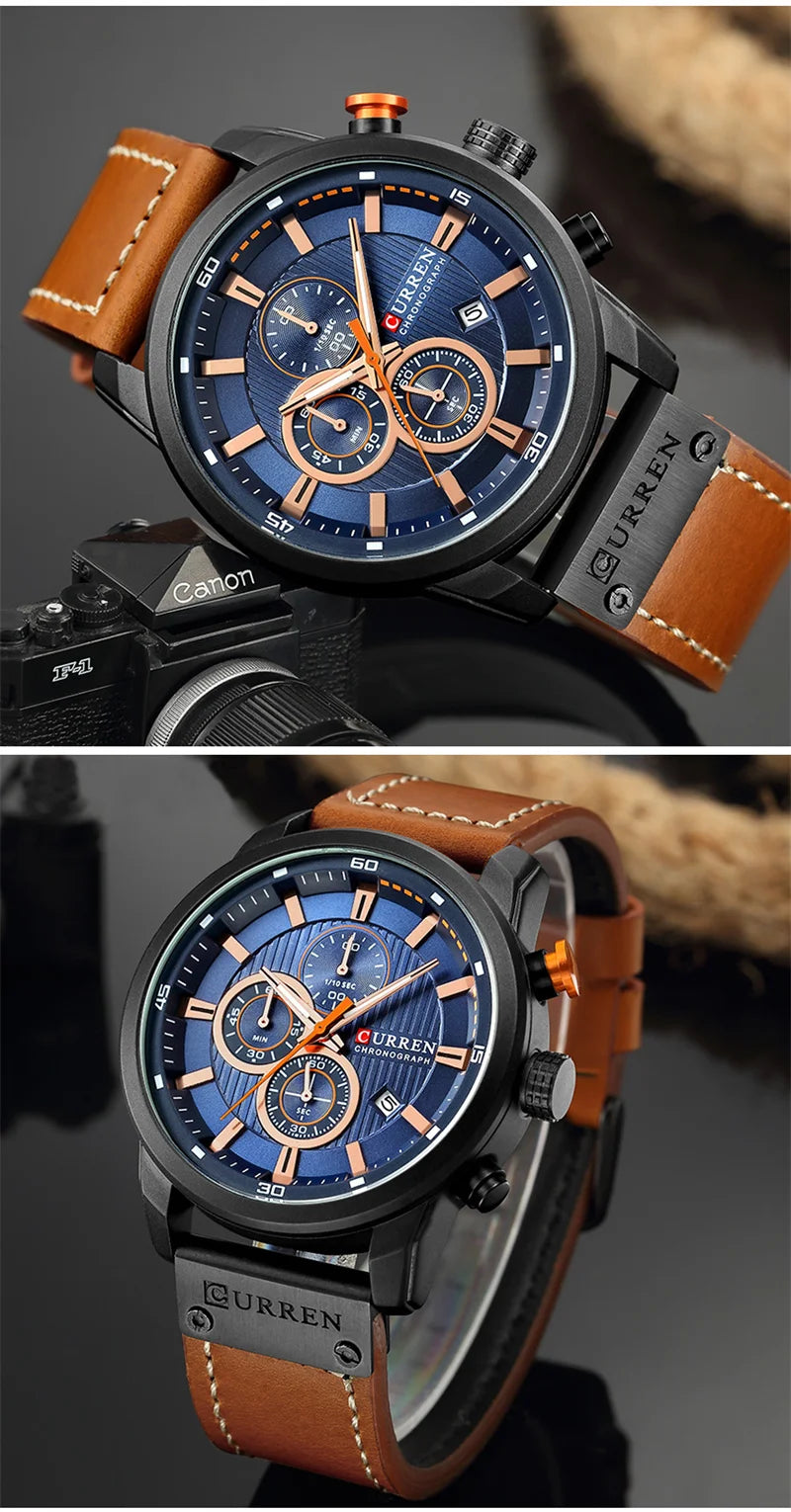 Stainless Steel Brown Leather Chronograph Watch for Men