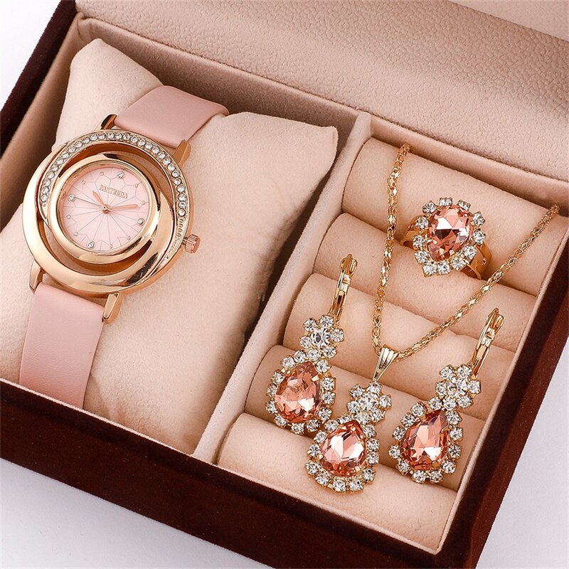 Gold Plated Rhinestone Watch Ring Necklace Earring Set for Women