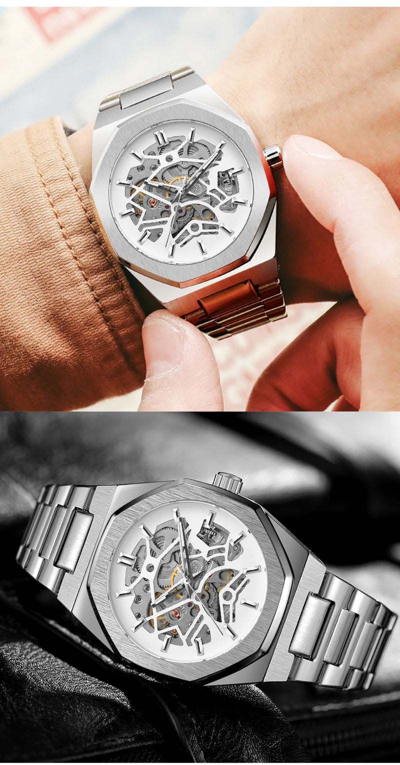 Stainless Steel Skeleton Automatic Watch for Men