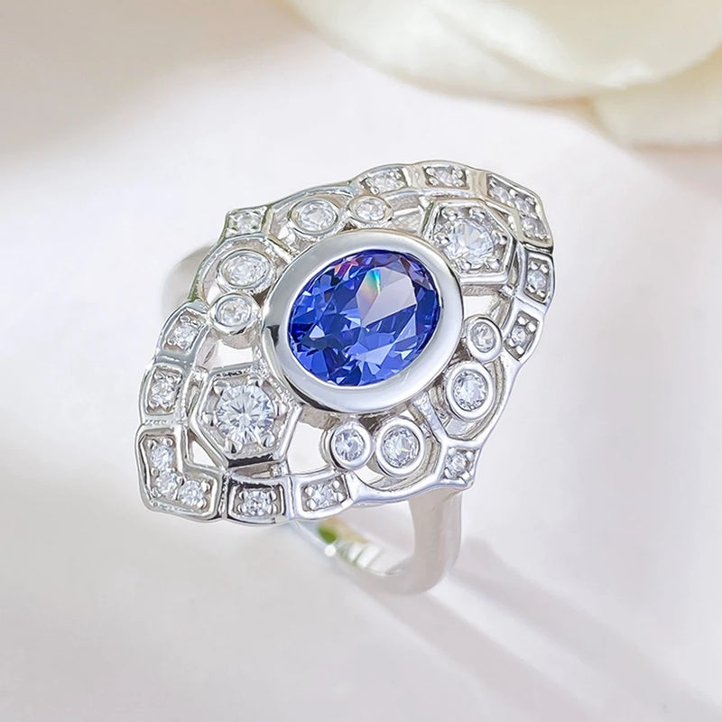 925 Sterling Silver Oval Cut Sapphire Ring for Women