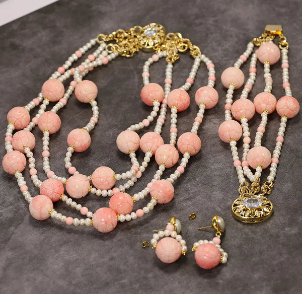 Sterling Silver Natural White Pearl Pink Coral Beaded Necklace Bracelet Earrings Sets for Lady