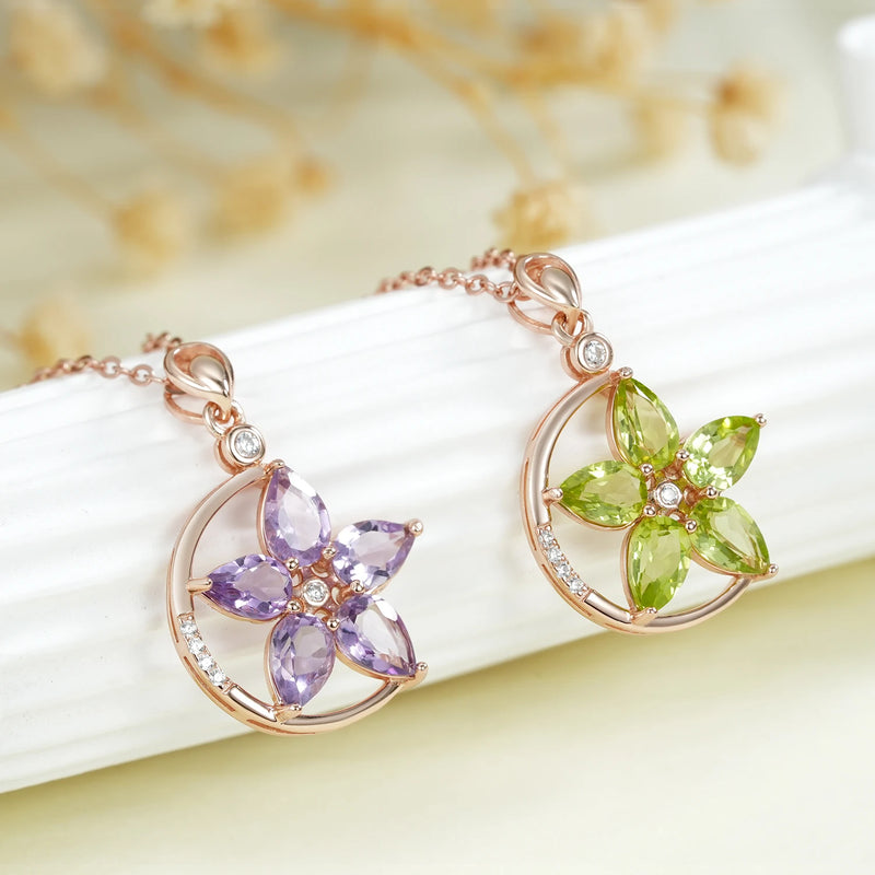 Rose Gold Plated 925 Sterling Silver Green Purple Garnet Flower Pendant Necklace for Women