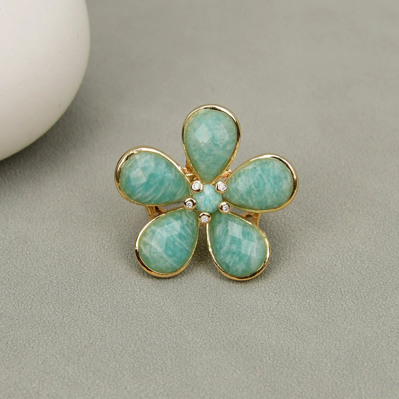 Sterling Silver Natural Blue Amazonite Pave Flower Ring for Women