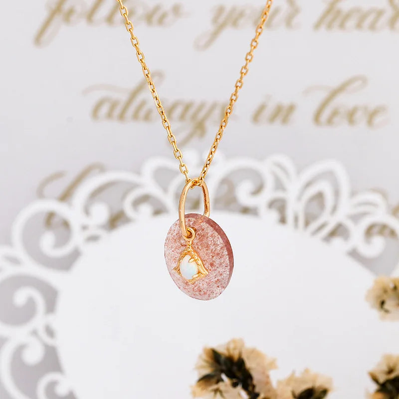 925 Sterling Silver Natural Strawberry Quartz Double Pendant Necklace for Women