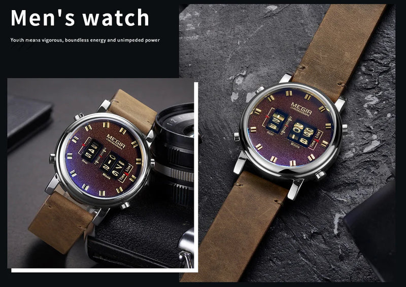 Stainless Steel Brown Leather Military Sport Quartz Watch for Men