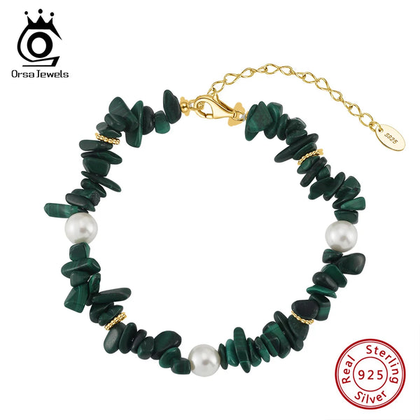 Sterling Silver Malachite and Shell Pearl Chain Bracelet for Women