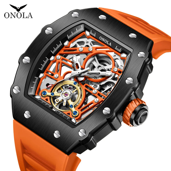 Stainless Steel Silicone Hollow Out Rudder Flywheel Automatic Mechanical Watch for Men