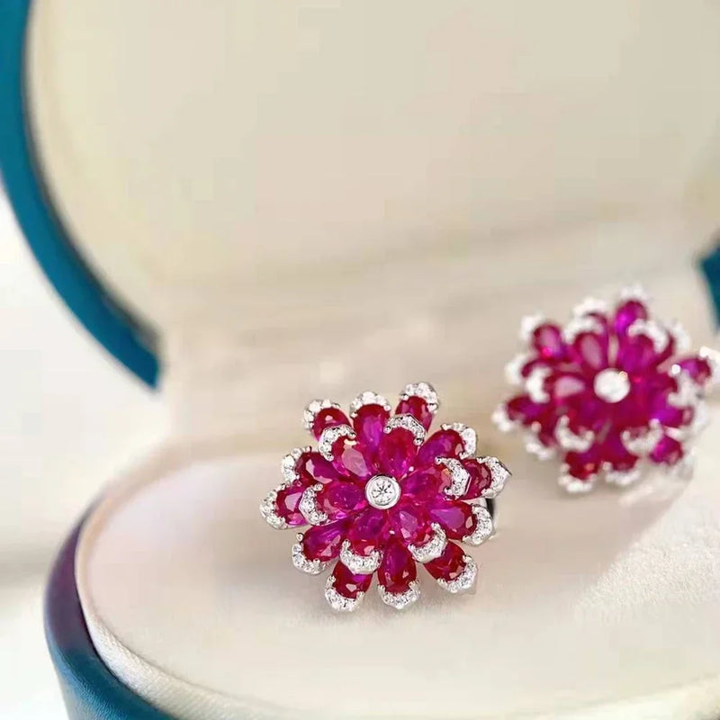 925 Sterling Silver Ruby & Diamond Flower Earrings for Women