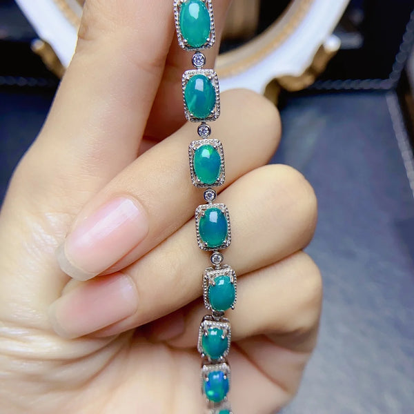 S925 Sterling Silver 5*7mm Natural Green Opal Bracelet for Women