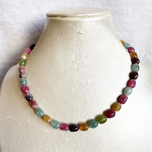 Sterling Silver Natural Stone Nugget Tourmaline Jade Necklace Pink Yellow Green Brown for Women