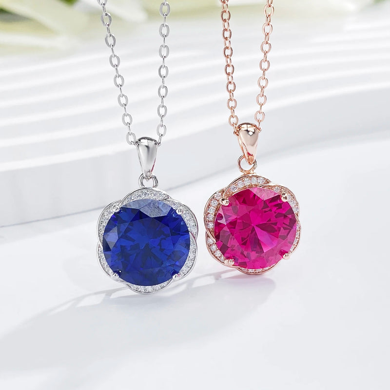 925 Sterling Silver Blue Red Corundum Flower Necklace for Women