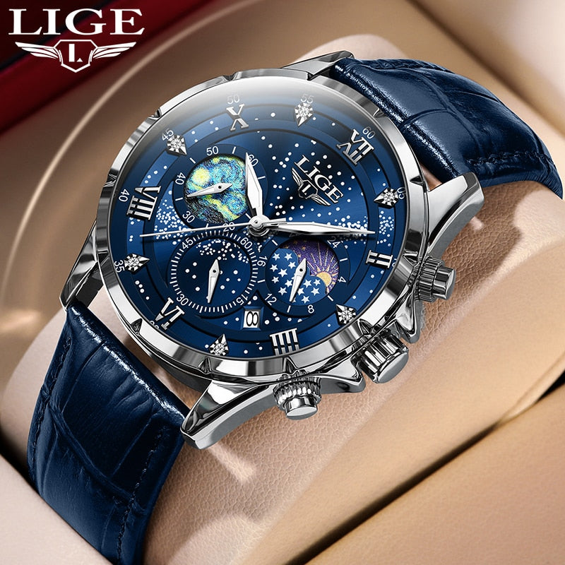 Stainless Steel Leather Luxury Casual Quartz Watch with Date Chronograph for Men