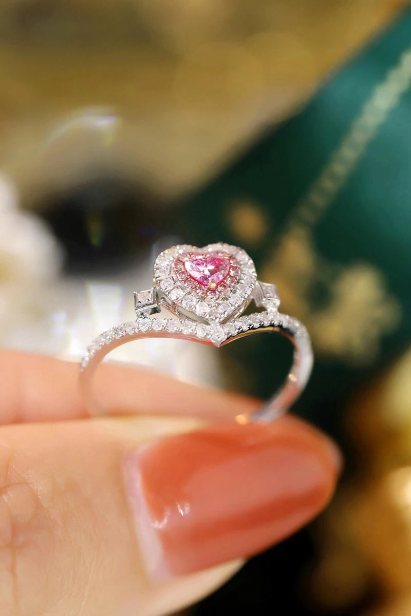 18K White Gold Pink Diamond Heart-Shape Ring for Women