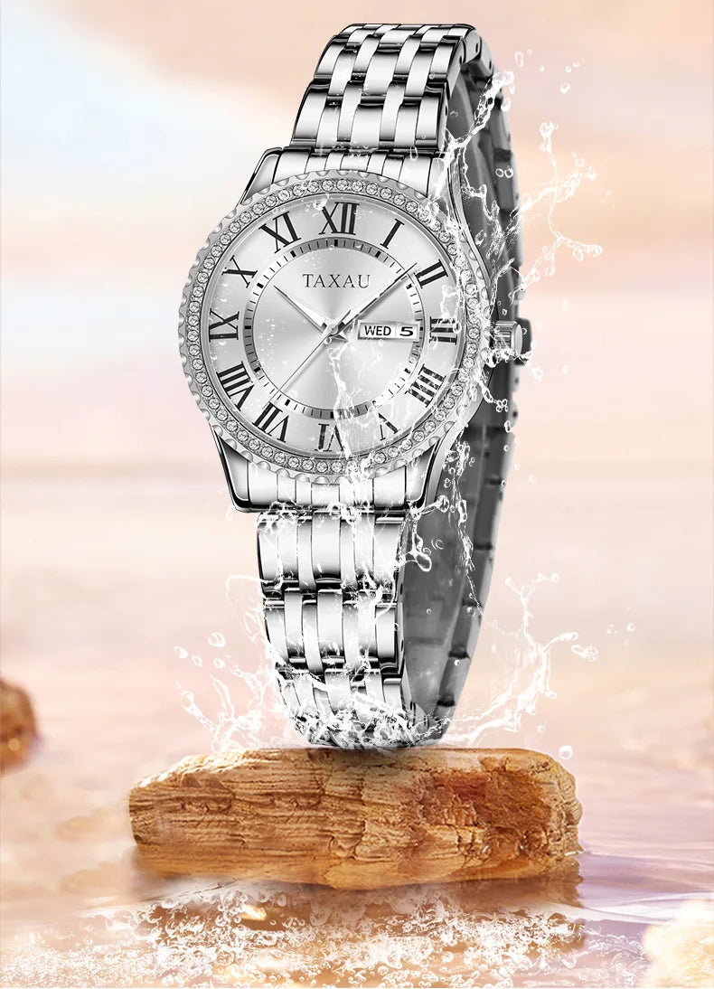 Stainless Steel Luxury Waterproof Luminous Quartz Calendar Watch for Women