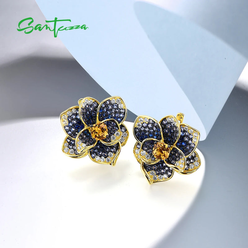 Sterling Silver Blooming Flower Earrings with Blue Spinel and Yellow Crystal for Women