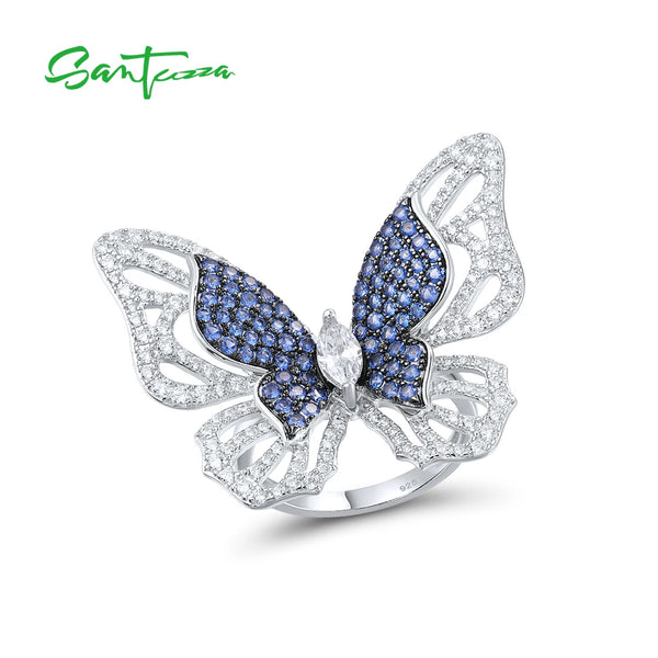 Sterling Silver Blue Nano/White CZ Butterfly Earrings and Ring Set for Women