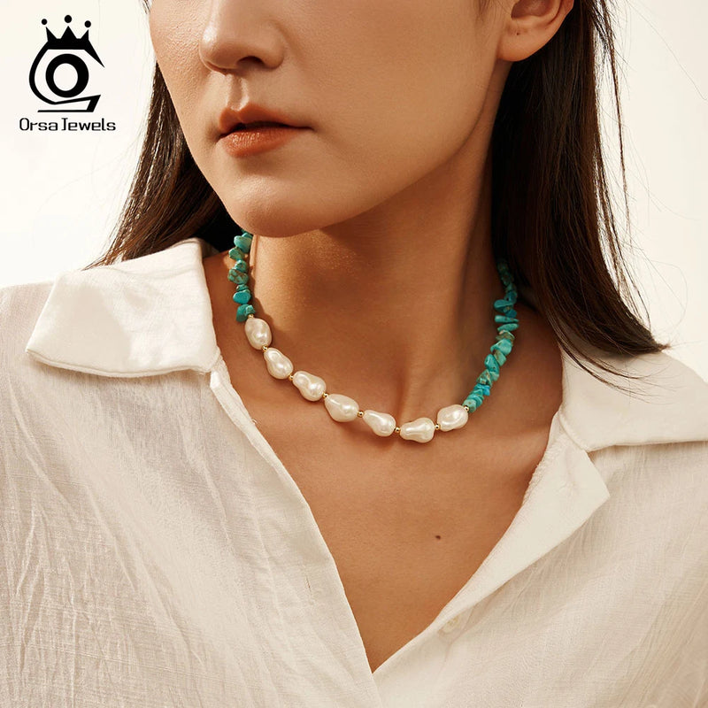 925 Silver Turquoise Baroque Shell Pearl Necklace for Women