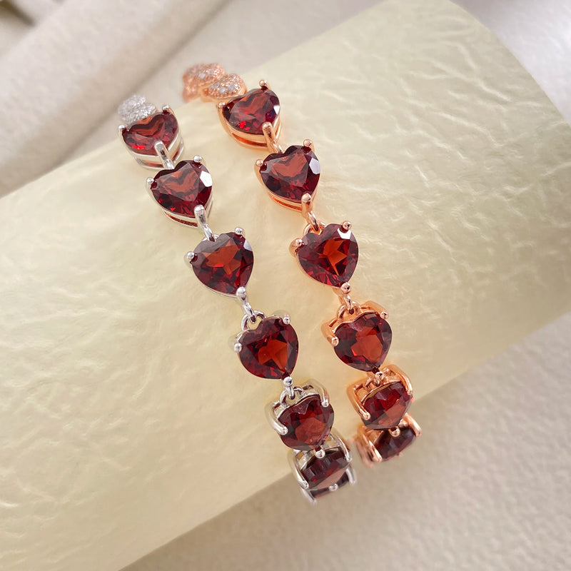 925 Sterling Silver Red Garnet & Cubic Zirconia Heart Chain Bracelet for Women