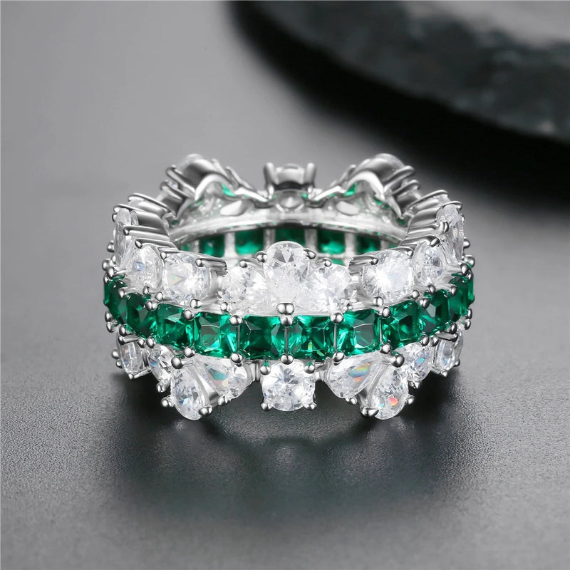 Sterling Silver Emerald High Carbon Diamond Gemstone Ring for Women