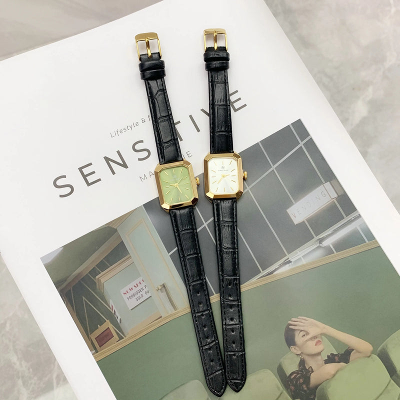 Luxury Women's Square Watch with Black Leather Strap and Small Dial