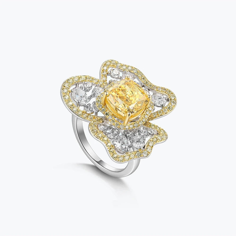 925 Sterling Silver Citrine High Carbon Diamond Gems Sparkling Flower Ring for Women