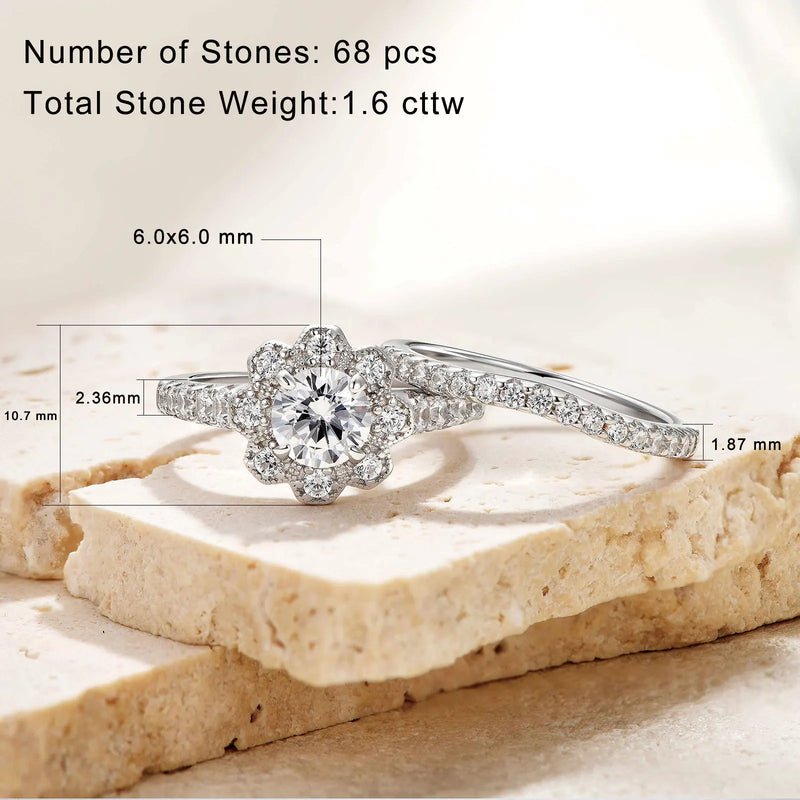 925 Sterling Silver Flower Halo Engagement Ring Set 1.60 ctw Cubic Zirconia for Women