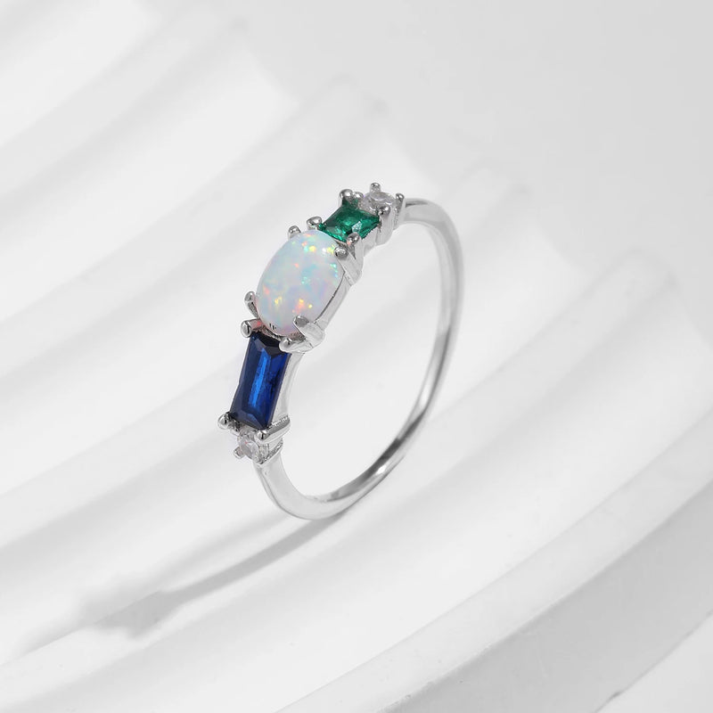 Sterling Silver Opal & Colorful Zirconia Ring for Women