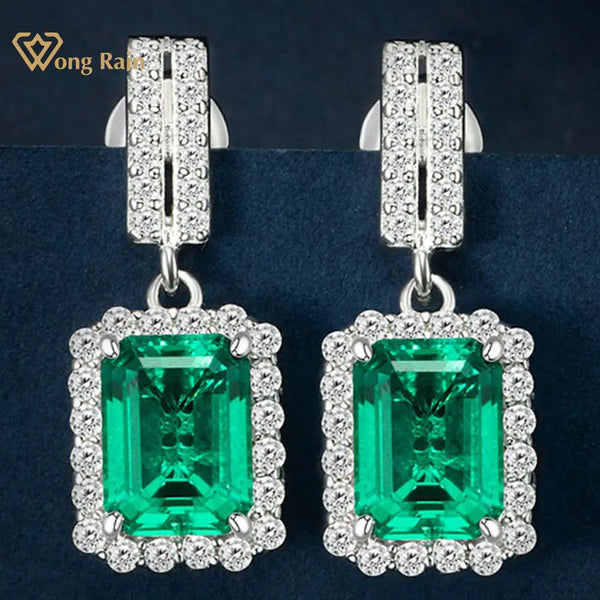 Wong Rain Vintage 100% 925 Sterling Silver 6*8 MM Emerald High Carbon Diamond Gemstone Drop Earrings Fine Jewelry Wedding Gifts