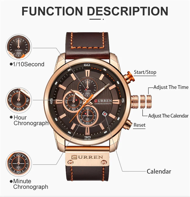 Stainless Steel Brown Leather Chronograph Watch for Men