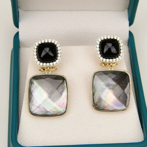 Sterling Silver Black Sea Shell Square Stud Drop Earrings For Lady