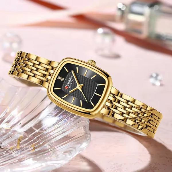 Gold Rectangular Dial Quartz Watch Bracelet for Lady