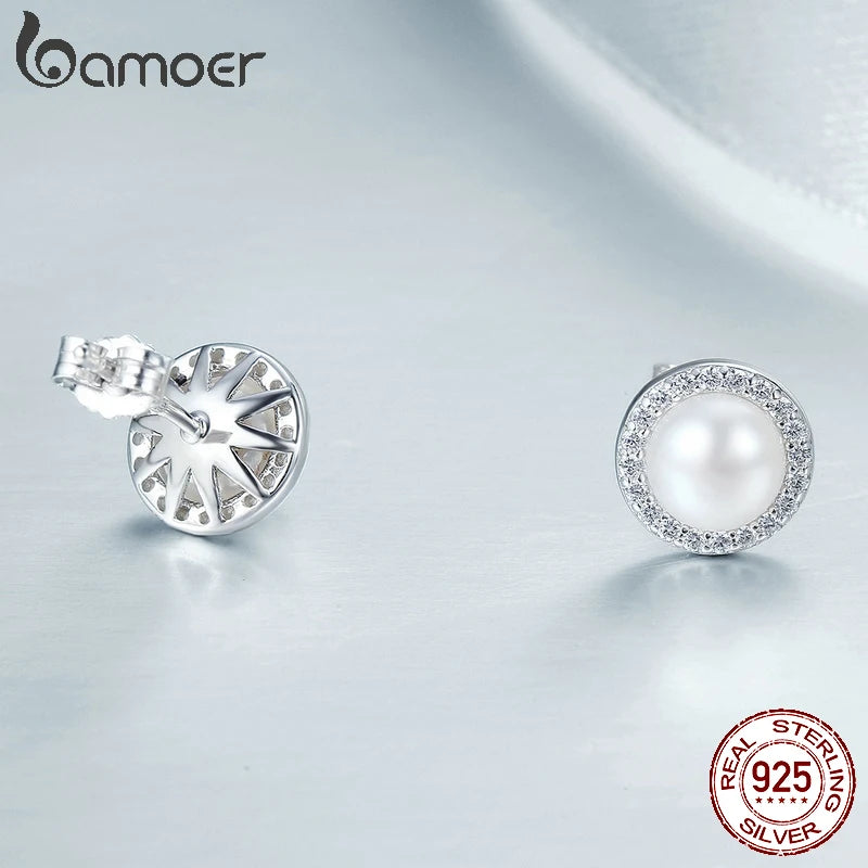 925 Sterling Silver Freshwater Pearl CZ Stud Earrings for Women